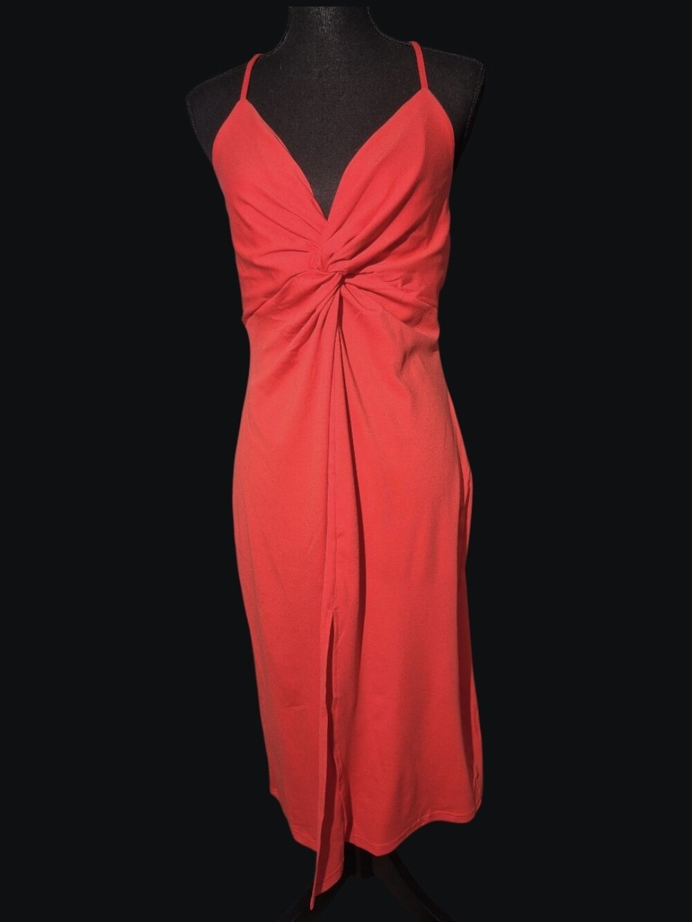 D&M Red Knot Front Bodycon Midi Dress V-Neck Cross Back Front Slit - Size M